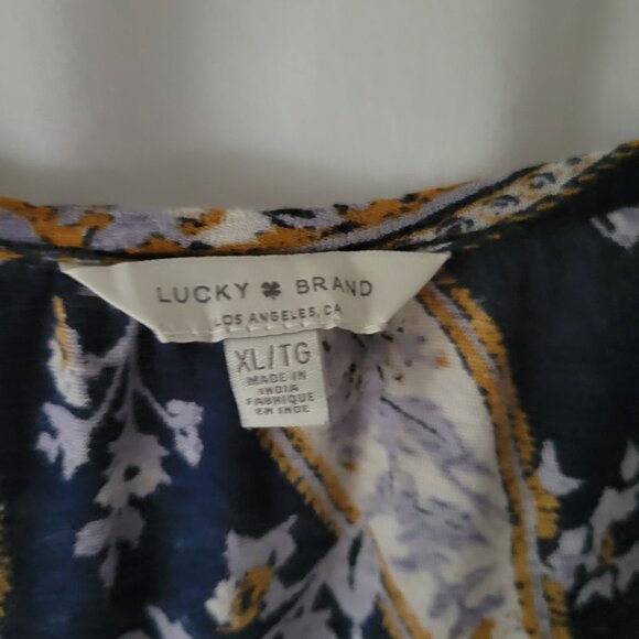 Lucky Brand BOHO Top Peasant Flowy XL blue Cotton Linen Paisley floral Women's - Picture 8 of 10